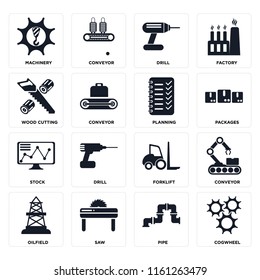 Set Of 16 icons such as Cogwheel, Pipe, Saw, Oilfield, Conveyor, Machinery, Wood cutting, Stock, Planning, web UI editable icon pack, pixel perfect
