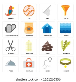 Set Of 16 icons such as Collar, Leash, First aid, Food, Seaweed, Parrot, Grooming glove, Scissors, Pet house, web UI editable icon pack, pixel perfect