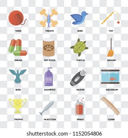 Set Of 16 icons such as Comb, Spray, Injection, Trophy, Aquarium, Yarn, Drugs, Bird, Turtle on transparent background, pixel perfect