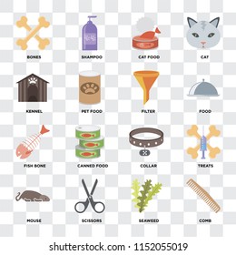 Set Of 16 icons such as Comb, Seaweed, Scissors, Mouse, Treats, Bones, Kennel, Fish bone, Filter on transparent background, pixel perfect