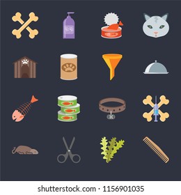 Set Of 16 icons such as Comb, Seaweed, Scissors, Mouse, Treats, Bones, Kennel, Fish bone, Filter on black background, web UI editable icon pack