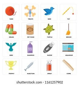 Set Of 16 icons such as Comb, Spray, Injection, Trophy, Aquarium, Yarn, Drugs, Bird, Turtle, web UI editable icon pack, pixel perfect