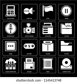 Set Of 16 icons such as Compact disc, Menu, Folder, Cloud computing, Calculator, Microphone, More, Unlocked, web UI editable icon pack, pixel perfect