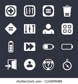 Set Of 16 icons such as Compass, Help, User, Exit, Battery, Add, Equal, User on black background, web UI editable icon pack