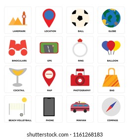 Set Of 16 icons such as Compass, Minivan, Phone, Beach volleyball, Bag, Landmark, Binoculars, Cocktail, Ring, web UI editable icon pack, pixel perfect