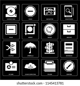 Set Of 16 icons such as Compose, Folder, Cloud computing, Id card, Notebook, Compact disc, Minus, Shuffle, Repeat, web UI editable icon pack, pixel perfect