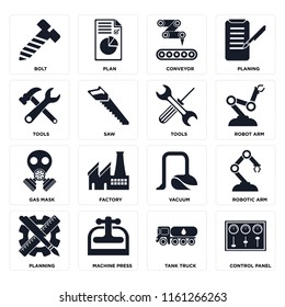 Set Of 16 icons such as Control panel, Tank truck, Machine press, Planning, Robotic arm, Bolt, Tools, Gas mask, web UI editable icon pack, pixel perfect