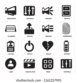 Set Of 16 icons such as Controls, Menu, Video player, User, Battery, Megaphone, Calendar, Id card, Speaker, web UI editable icon pack, pixel perfect