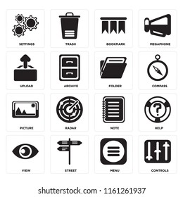 Set Of 16 icons such as Controls, Menu, Street, View, Help, Settings, Upload, Picture, Folder, web UI editable icon pack, pixel perfect