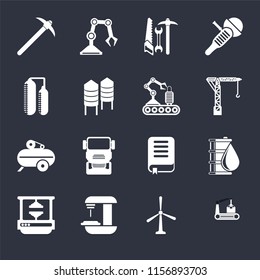 Set Of 16 icons such as Conveyor, Windmill, Machine, Machine press, Oil, Pick, Silo, Compressor, Conveyor on black background, web UI editable icon pack