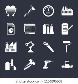 Set Of 16 icons such as Conveyor, Drill, Bolt, Factory, Roller, Coal, Plan, Refinery on black background, web UI editable icon pack