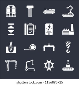 Set Of 16 icons such as Conveyor, Settings, Robotic arm, Crane, Refinery, Machine press, Drill, Electricity on black background, web UI editable icon pack