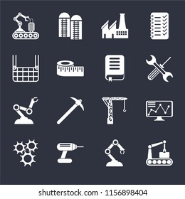 Set Of 16 icons such as Conveyor, Robotic arm, Drill, Cogwheel, Stock, Elevator, Robot Book on black background, web UI editable icon pack