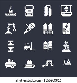 Set Of 16 icons such as Conveyor, Pipe, Compressor, Oilfield, Industrial robot, Machine press, Refinery on black background, web UI editable icon pack