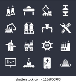 Set Of 16 icons such as Conveyor, Electricity, Planning, Factory, Nuclear plant, Digger, Mill, Pump on black background, web UI editable icon pack