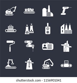Set Of 16 icons such as Conveyor, Digger, Mill, Excavator, Roller, Switch on black background, web UI editable icon pack
