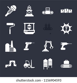 Set Of 16 icons such as Conveyor, Silo, Forklift, Pipe, Drill, Sanding machine, Roller, Factory, Conveyor on black background, web UI editable icon pack