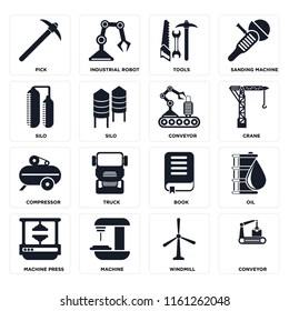 Set Of 16 icons such as Conveyor, Windmill, Machine, Machine press, Oil, Pick, Silo, Compressor, web UI editable icon pack, pixel perfect