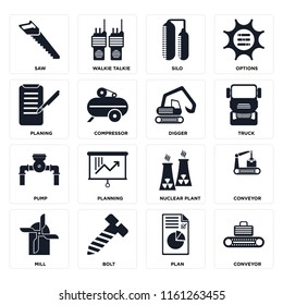 Set Of 16 icons such as Conveyor, Plan, Bolt, Mill, Saw, Planing, Pump, Digger, web UI editable icon pack, pixel perfect