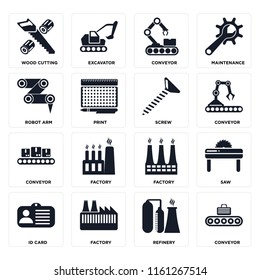 Set Of 16 icons such as Conveyor, Refinery, Factory, Id card, Saw, Wood cutting, Robot arm, Screw, web UI editable icon pack, pixel perfect