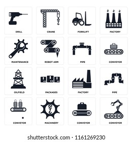 Set Of 16 icons such as Conveyor, Machinery, Pipe, Drill, Maintenance, Oilfield, web UI editable icon pack, pixel perfect