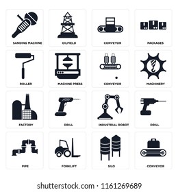 Set Of 16 icons such as Conveyor, Silo, Forklift, Pipe, Drill, Sanding machine, Roller, Factory, web UI editable icon pack, pixel perfect