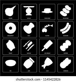 Set Of 16 icons such as Cookies, Ham, Jam, Pie, Coffee, Onion, Doughnut, Toast, Olives, web UI editable icon pack, pixel perfect