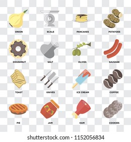 Set Of 16 icons such as Cookies, Ham, Jam, Pie, Coffee, Onion, Doughnut, Toast, Olives on transparent background, pixel perfect