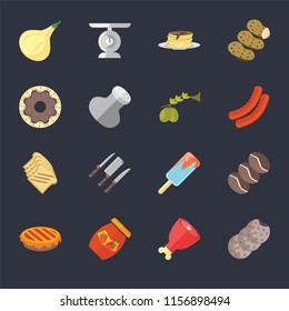 Set Of 16 icons such as Cookies, Ham, Jam, Pie, Coffee, Onion, Doughnut, Toast, Olives on black background, web UI editable icon pack