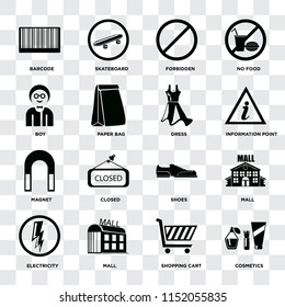 Set Of 16 icons such as Cosmetics, Shopping cart, Mall, Electricity, Barcode, Boy, Magnet, Dress on transparent background, pixel perfect