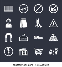 Set Of 16 icons such as Cosmetics, Shopping cart, Mall, Electricity, Barcode, Boy, Magnet, Dress on black background, web UI editable icon pack