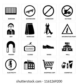 Set Of 16 icons such as Cosmetics, Shopping cart, Mall, Electricity, Barcode, Boy, Magnet, Dress, web UI editable icon pack, pixel perfect