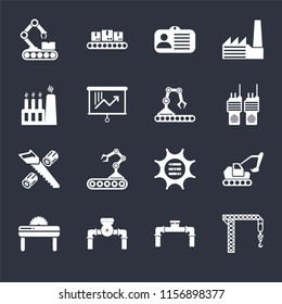 Set Of 16 icons such as Crane, Pipe, Pump, Saw, Excavator, Conveyor, Factory, Wood cutting, Conveyor on black background, web UI editable icon pack