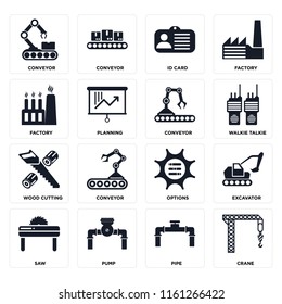Set Of 16 icons such as Crane, Pipe, Pump, Saw, Excavator, Conveyor, Factory, Wood cutting, web UI editable icon pack, pixel perfect