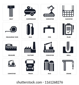 Set Of 16 icons such as Crane, Silo, Truck, Conveyor, Drill, Bolt, Measuring tape, Measure, Pipe, web UI editable icon pack, pixel perfect