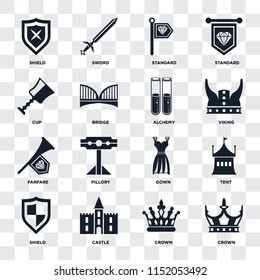 Set Of 16 icons such as Crown, Castle, Shield, Tent, Cup, Fanfare, Alchemy on transparent background, pixel perfect
