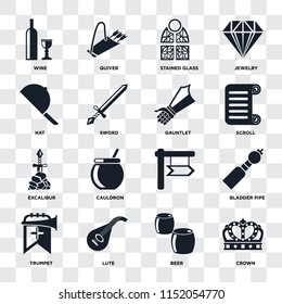 Set Of 16 icons such as Crown, Beer, Lute, Trumpet, Bladder pipe, Wine, Hat, Excalibur, Gauntlet on transparent background, pixel perfect
