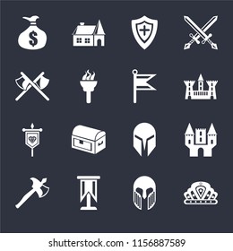 Set Of 16 icons such as Crown, Armour, Standard, Axe, Castle, Money bag, Axes, Banner, Flag on black background, web UI editable icon pack