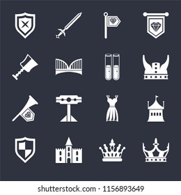 Set Of 16 icons such as Crown, Castle, Shield, Tent, Cup, Fanfare, Alchemy on black background, web UI editable icon pack