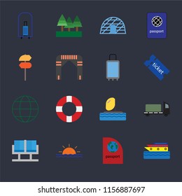 Set Of 16 icons such as Cruise, Passport, Sunset, Waiting room, Trailer, Bellhop, Pointer, Globe, Suitcases on black background, web UI editable icon pack