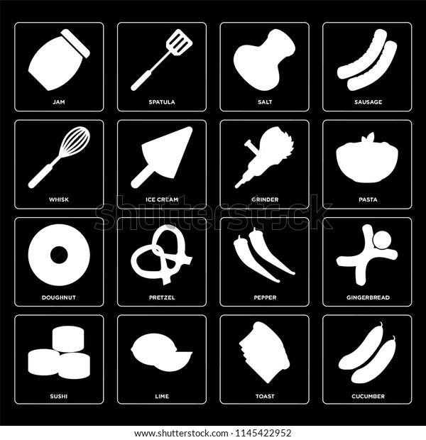 Set Of 16 icons such as Cucumber, Toast, Lime,\
Sushi, Gingerbread, Jam, Whisk, Doughnut, Grinder, web UI editable\
icon pack, pixel perfect