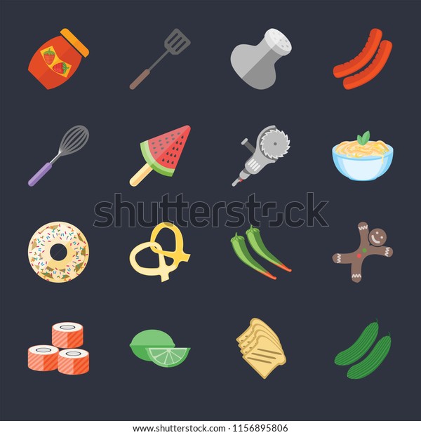 Set Of 16 icons such as Cucumber, Toast, Lime,\
Sushi, Gingerbread, Jam, Whisk, Doughnut, Grinder on black\
background, web UI editable icon\
pack
