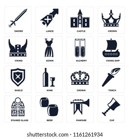 Set Of 16 icons such as Cup, Fanfare, Beer, Stained glass, Torch, Sword, Viking, Shield, Alchemy, web UI editable icon pack, pixel perfect