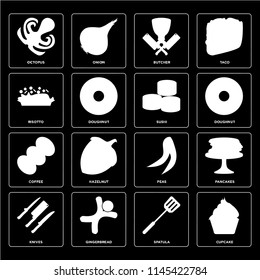 Set Of 16 icons such as Cupcake, Spatula, Gingerbread, Knives, Pancakes, Octopus, Risotto, Coffee, Sushi, web UI editable icon pack, pixel perfect