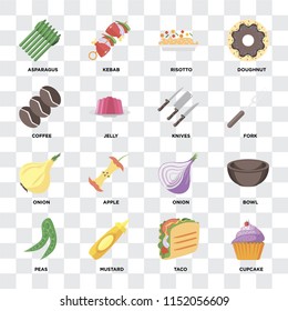Set Of 16 icons such as Cupcake, Taco, Mustard, Peas, Bowl, Asparagus, Coffee, Onion, Knives on transparent background, pixel perfect