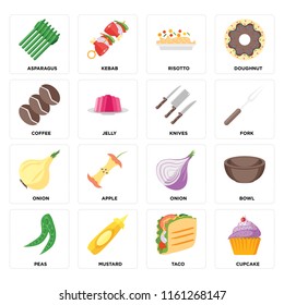 Set Of 16 icons such as Cupcake, Taco, Mustard, Peas, Bowl, Asparagus, Coffee, Onion, Knives, web UI editable icon pack, pixel perfect