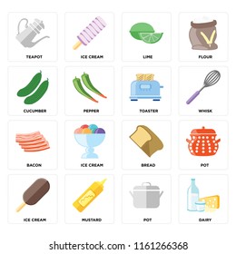 Set Of 16 icons such as Dairy, Pot, Mustard, Ice cream, Teapot, Cucumber, Bacon, Toaster, web UI editable icon pack, pixel perfect