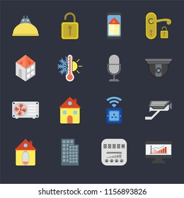 Set Of 16 icons such as Dashboard, Meter, Smart home, Home, Cctv, Lightbulb, Air conditioner, Voice control on black background, web UI editable icon pack