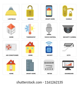 Set Of 16 icons such as Dashboard, Meter, Smart home, Home, Cctv, Lightbulb, Air conditioner, Voice control, web UI editable icon pack, pixel perfect
