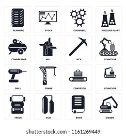 Set Of 16 icons such as Digger, Book, Silo, Truck, Conveyor, Planning, Compressor, Drill, Pick, web UI editable icon pack, pixel perfect